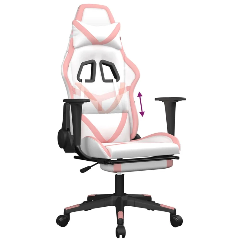 Fauteuil de bureau chaise gaming sur roulettes avec repose-pied en PVC blanc et rose DEC025743