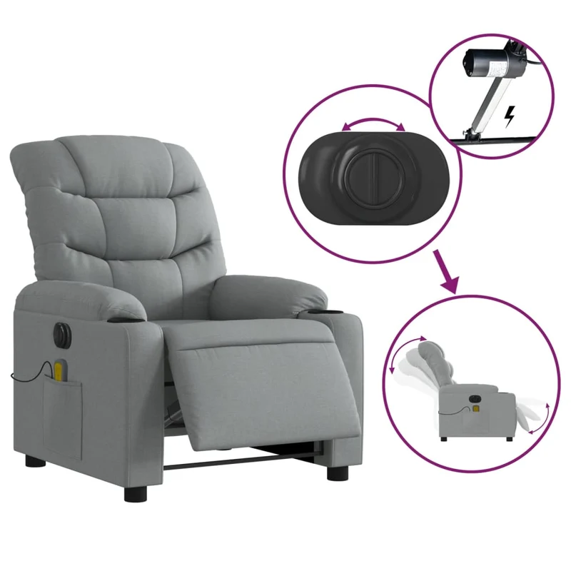 Fauteuil de relaxation TV fonction massage inclinable électrique 6 points de massage en tissu gris clair DEC027162
