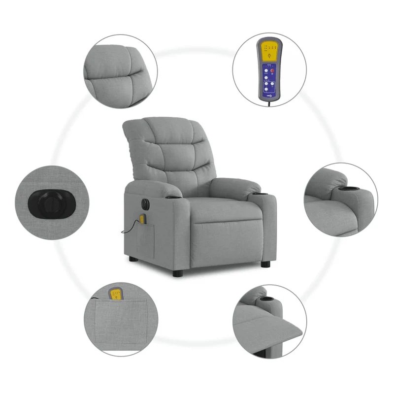 Fauteuil de relaxation TV fonction massage inclinable électrique 6 points de massage en tissu gris clair DEC027162