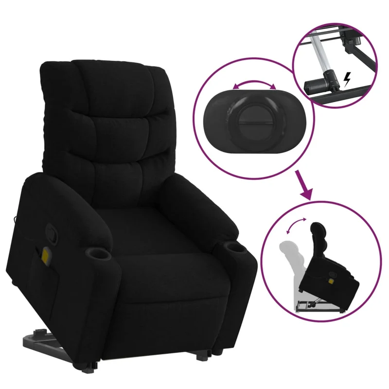 Fauteuil de relaxation TV fonction massage inclinable levage électrique en tissu noir DEC027047