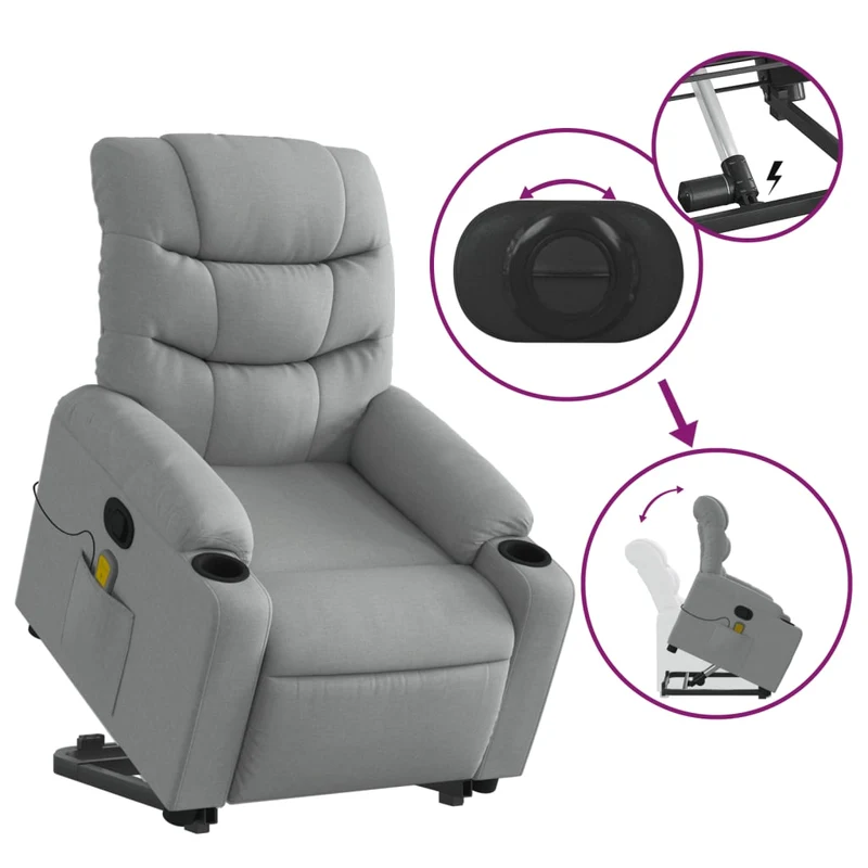 Fauteuil de relaxation TV fonction massage inclinable levage électrique en tissu gris clair DEC026904