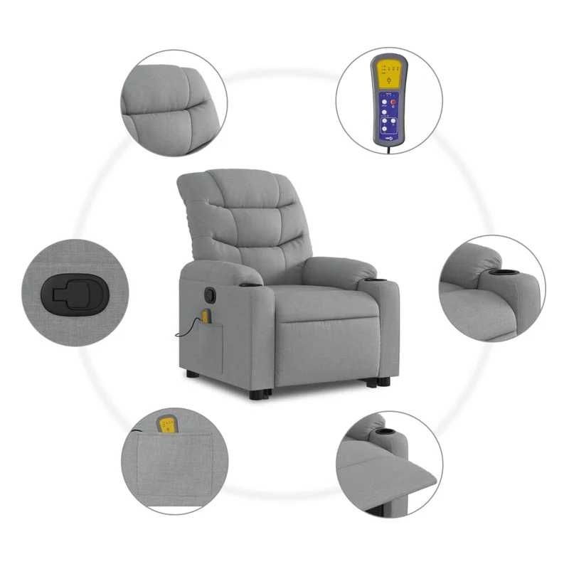 Fauteuil de relaxation TV fonction massage inclinable levage électrique en tissu gris clair DEC026904