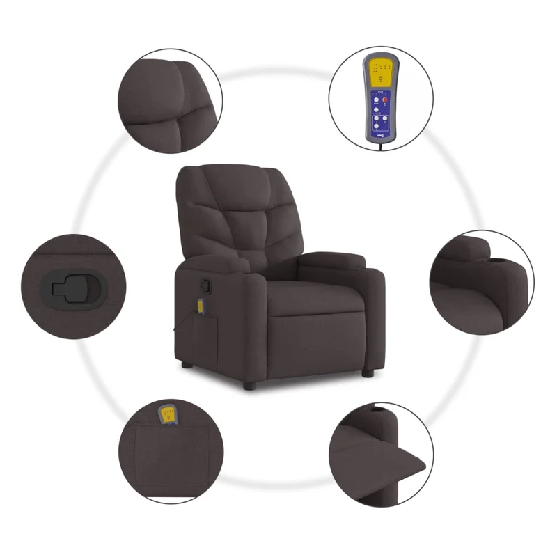Fauteuil de relaxation TV fonction massage inclinable 6 points de massage en tissu marron foncé DEC026991