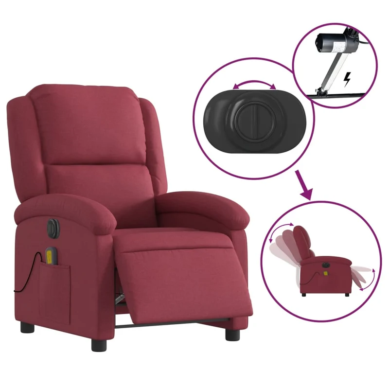 Fauteuil de relaxation TV fonction massage inclinable électrique 6 points de massage en tissu rouge bordeaux DEC027247