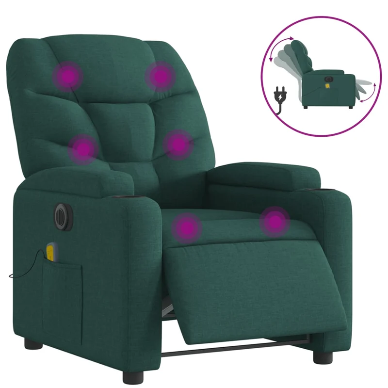 Fauteuil de relaxation TV fonction massage inclinable électrique 6 points de massage en tissu vert foncé DEC027282