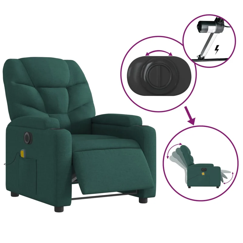 Fauteuil de relaxation TV fonction massage inclinable électrique 6 points de massage en tissu vert foncé DEC027282