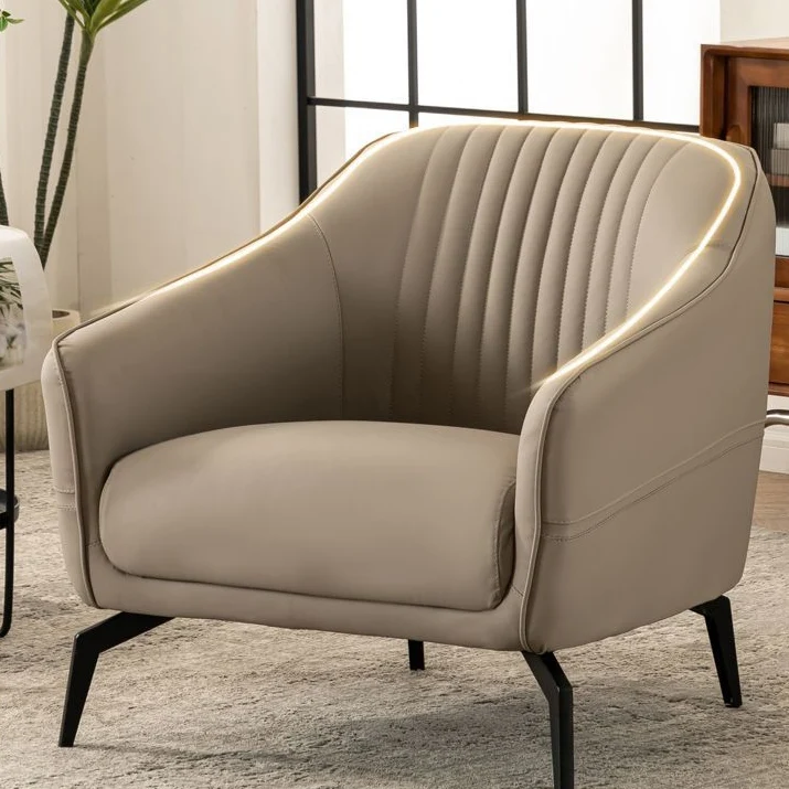 Contemporary Scandinavian Microfiber Leather Wood Sponge Square Streak Accent Chair Footrest For Living Room