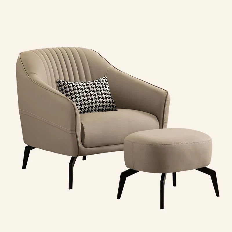 Contemporary Scandinavian Microfiber Leather Wood Sponge Square Streak Accent Chair Footrest For Living Room