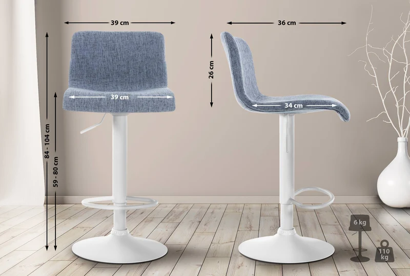 Tabouret de bar x1 avec repose-pieds pivotant dossier incurvé en tissu bleu et métal blanc 10_0004976
