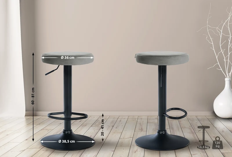 Lot de 2 tabourets de bar avec assise en tissu velours gris et cadre métal noir TDB10707