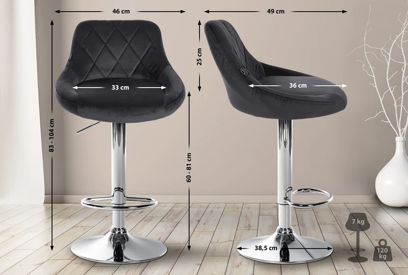 Set de 2 tabourets de bar coutures décoratives losanges assise en velours gris foncé et cadre en métal chromé TDB10770