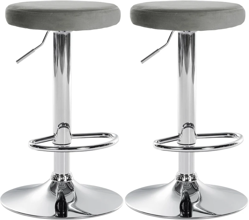 Lot de 2 tabourets de bar avec assise en tissu velours gris et cadre métal chromé TDB10715