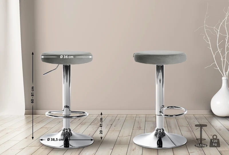 Lot de 2 tabourets de bar avec assise en tissu velours gris et cadre métal chromé TDB10715