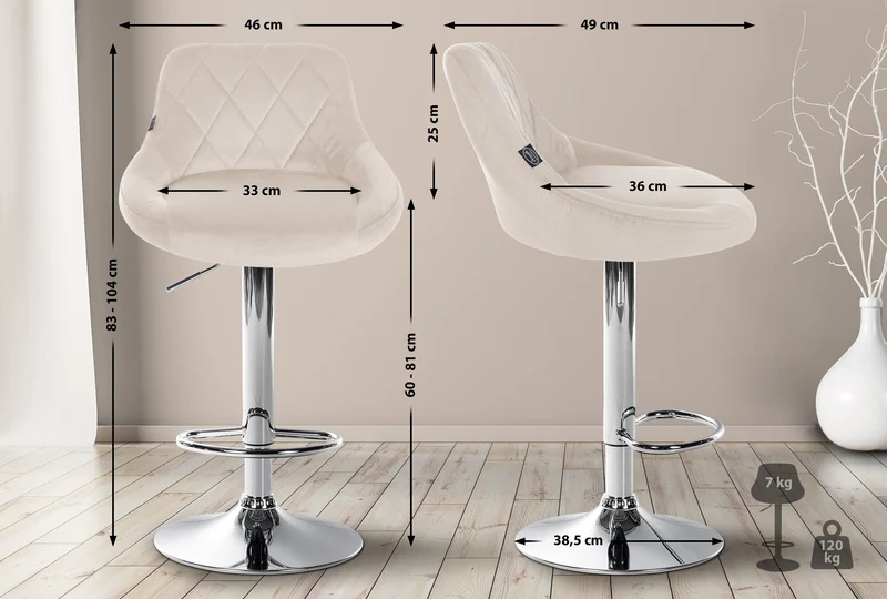 Set de 2 tabourets de bar coutures décoratives losanges assise en velours crème et cadre en métal chromé TDB10769