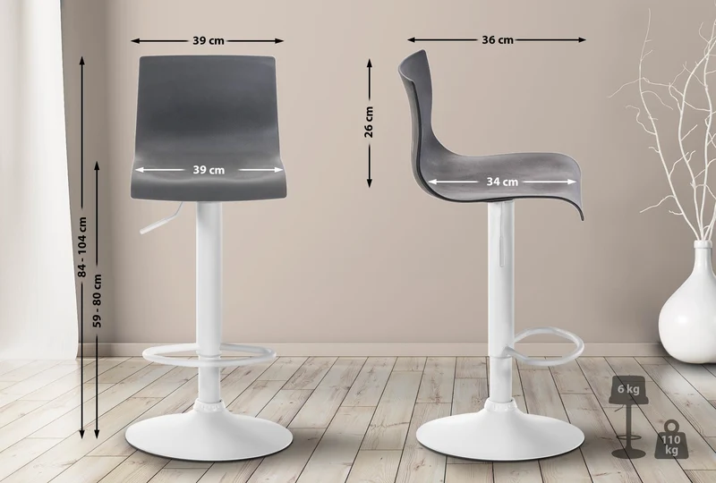 Tabouret de bar x1 avec repose-pieds pivotant dossier incurvé en plastique gris et métal blanc 10_0004984