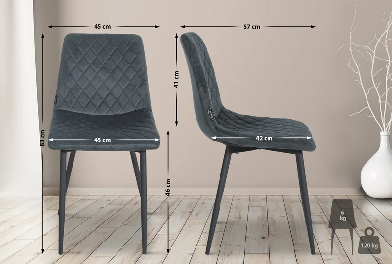 Lot de 4 chaises de salle à manger en tissu velours gris foncé pieds métal noir couture losange CDS10420