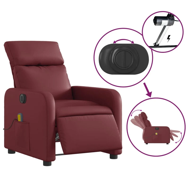 Fauteuil de relaxation TV fonction massage inclinable électrique 6 points de massage en PVC rouge bordeaux DEC027240