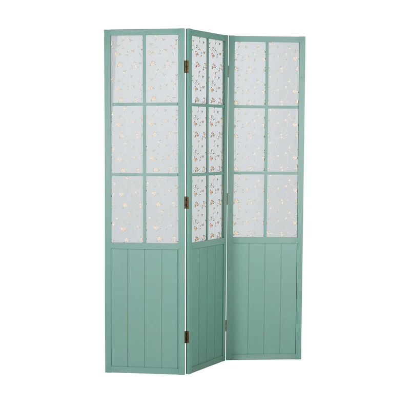 Paravent en 3 panneaux séparateur de pièce en bois turquoise et tissu floral 170x120 cm PAR06091