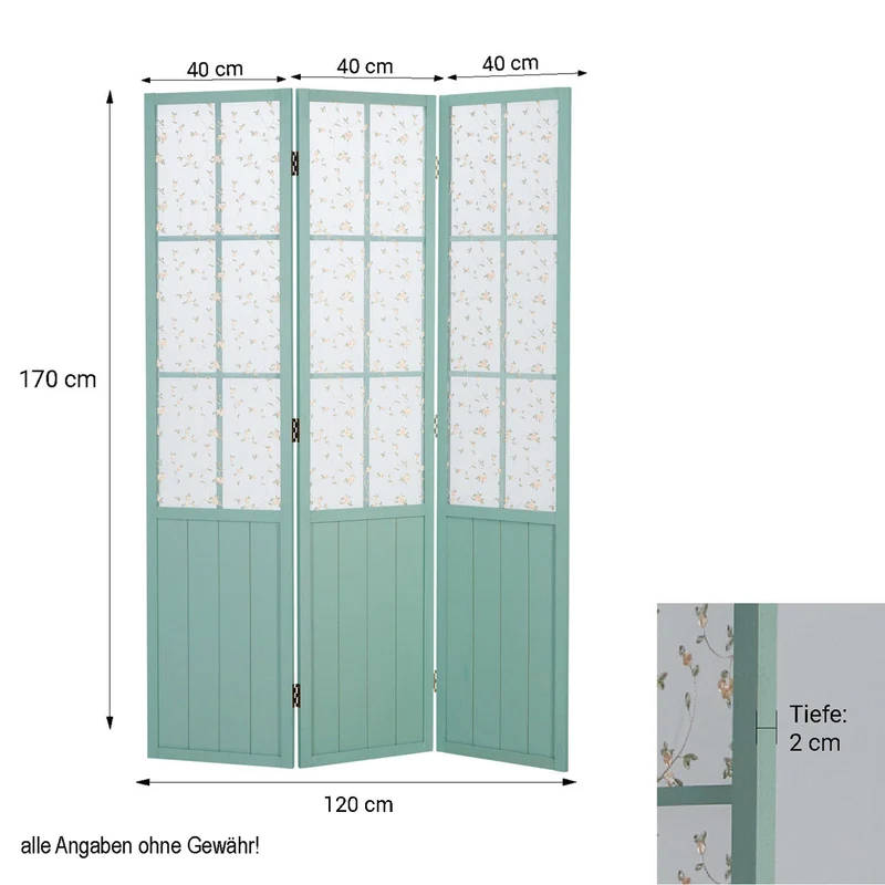 Paravent en 3 panneaux séparateur de pièce en bois turquoise et tissu floral 170x120 cm PAR06091