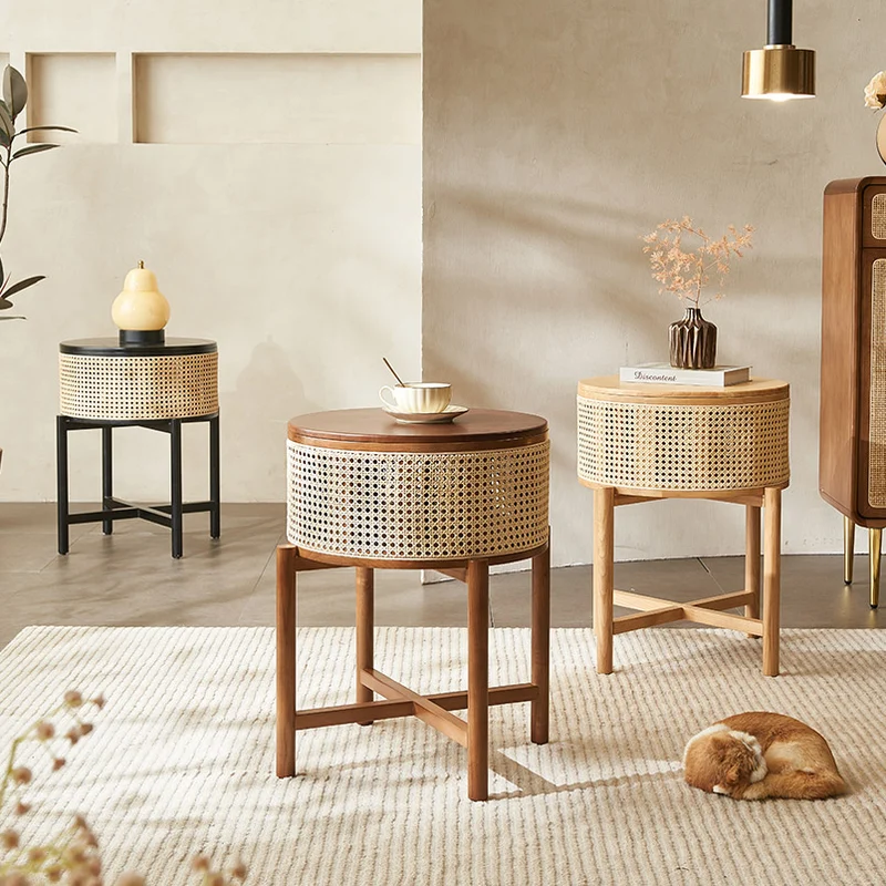 Traditional Vintage Round Rattan Weaving Ash Wood Frame End Table 1-Storage Cabinet For Living Room