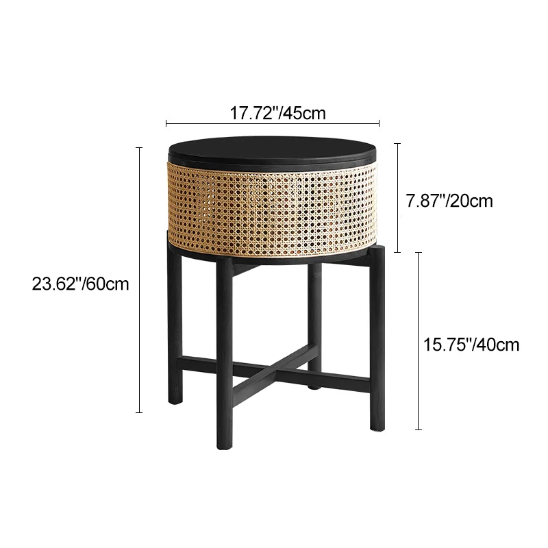 Traditional Vintage Round Rattan Weaving Ash Wood Frame End Table 1-Storage Cabinet For Living Room