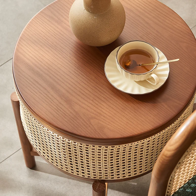 Traditional Vintage Round Rattan Weaving Ash Wood Frame End Table 1-Storage Cabinet For Living Room