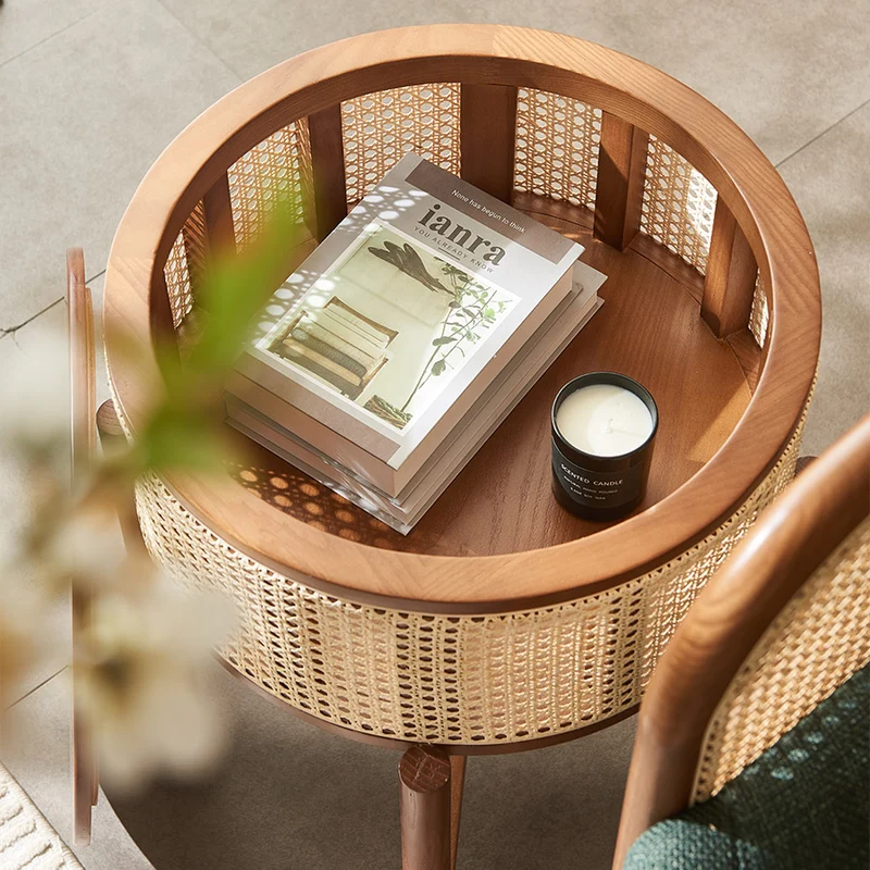 Traditional Vintage Round Rattan Weaving Ash Wood Frame End Table 1-Storage Cabinet For Living Room