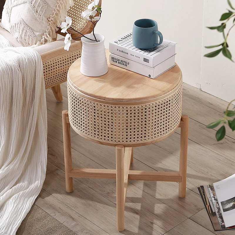 Traditional Vintage Round Rattan Weaving Ash Wood Frame End Table 1-Storage Cabinet For Living Room
