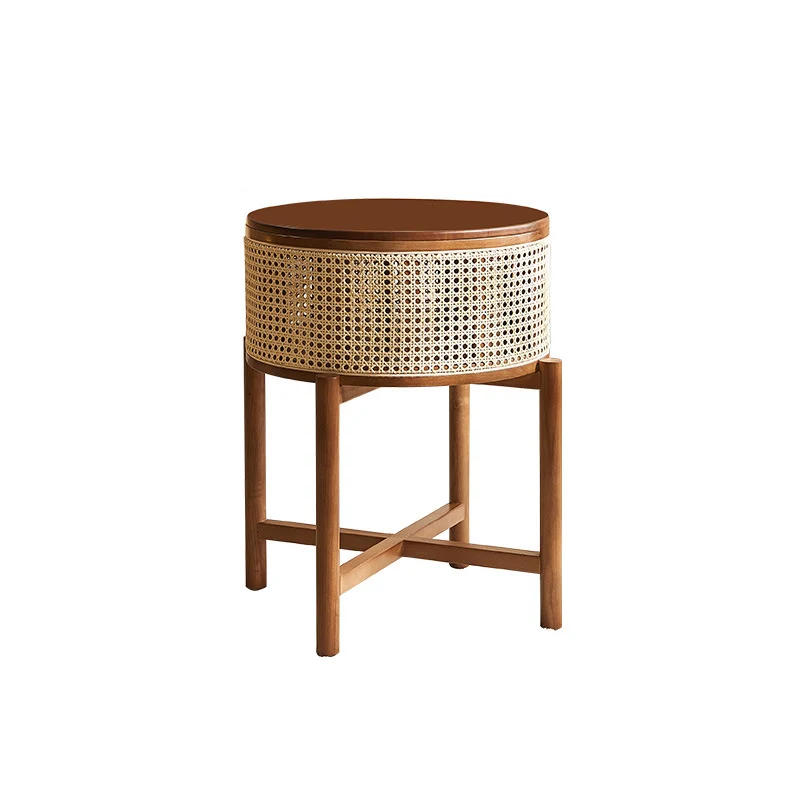 Traditional Vintage Round Rattan Weaving Ash Wood Frame End Table 1-Storage Cabinet For Living Room