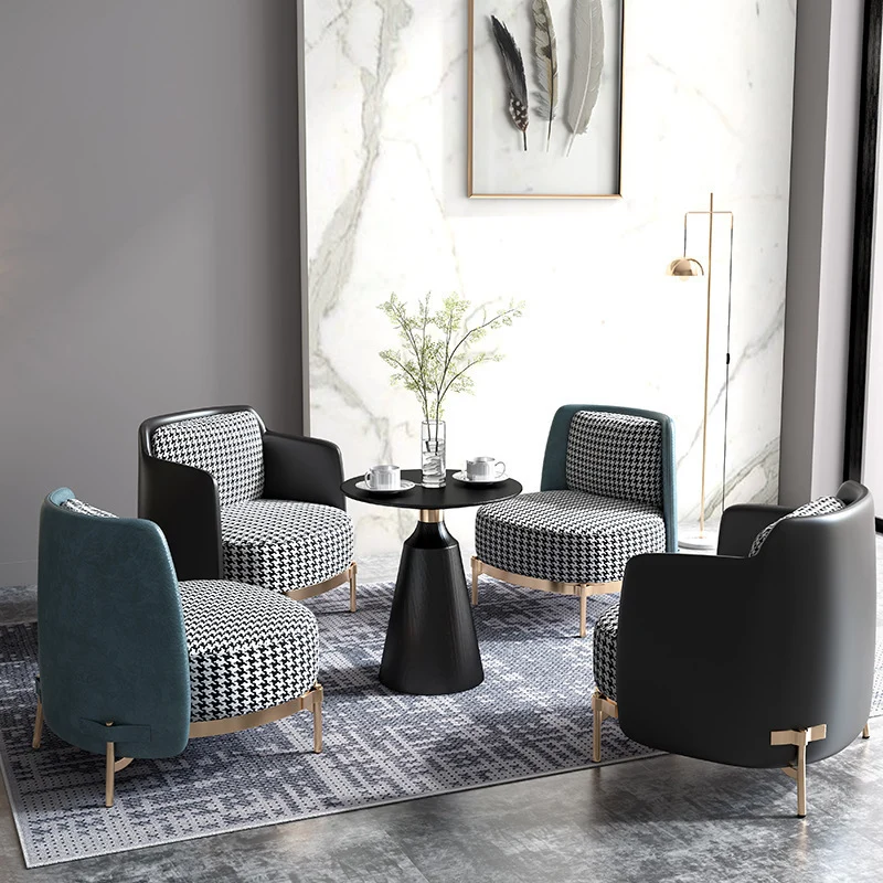 Contemporary Scandinavian Round Kilobird Check Faux Leather Fabric Metal Sponge Accent Chair Backrest Armrest For Living Room