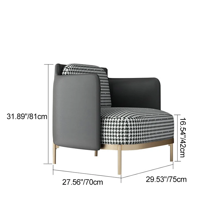Contemporary Scandinavian Round Kilobird Check Faux Leather Fabric Metal Sponge Accent Chair Backrest Armrest For Living Room