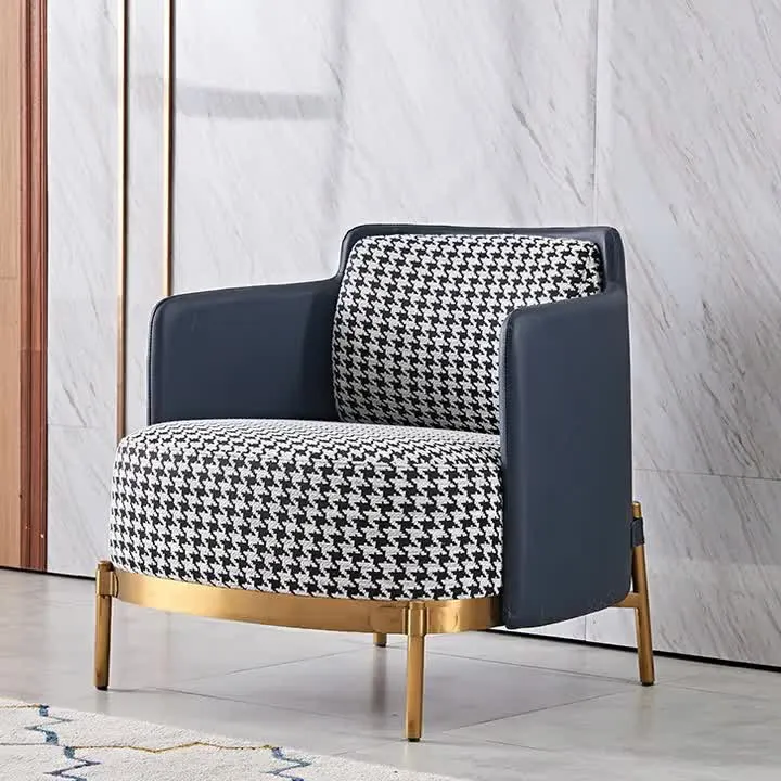 Contemporary Scandinavian Round Kilobird Check Faux Leather Fabric Metal Sponge Accent Chair Backrest Armrest For Living Room