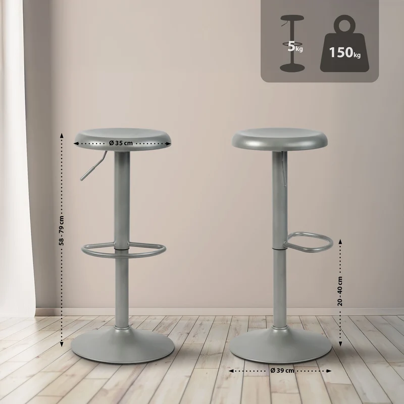 Tabouret de bar x1 hauteur réglable avec repose-pieds design moderne en métal argenté 10_0005778
