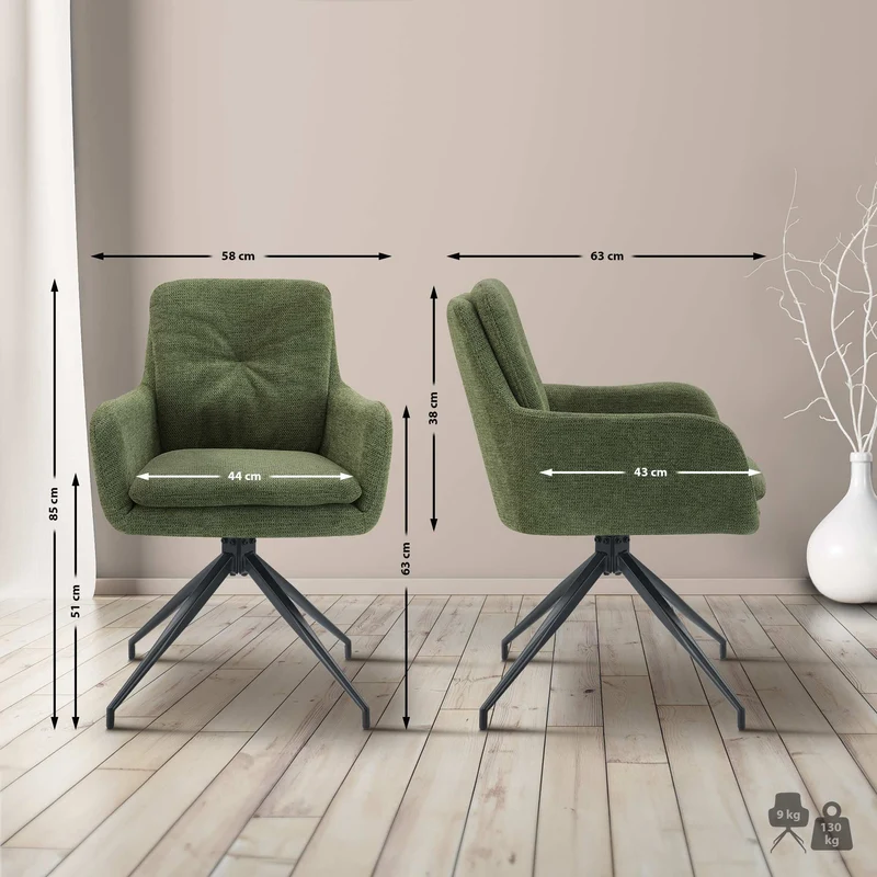 Lot de 2 chaises de salle à manger fonction pivotante confortable et moderne en tissu vert cadre métal 10_0005890