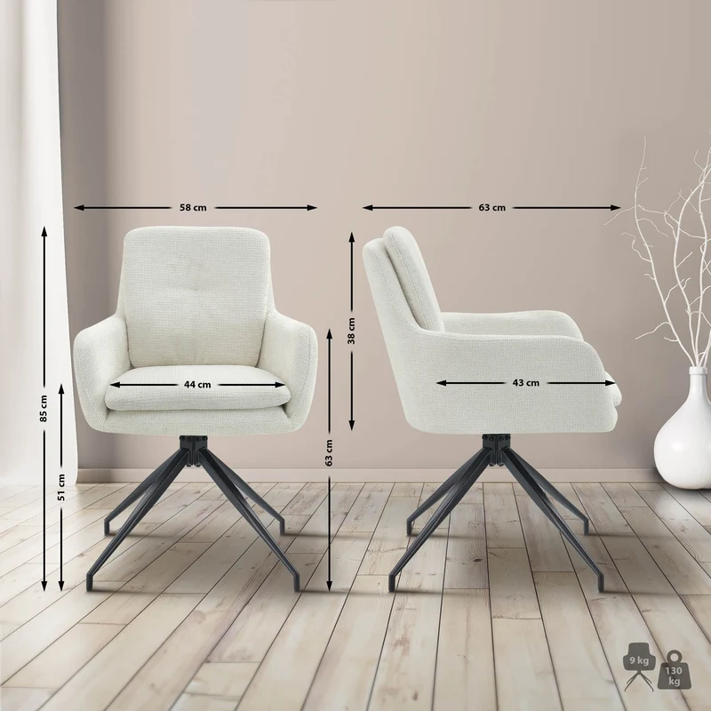 Lot de 2 chaises de salle à manger fonction pivotante confortable et moderne en tissu crème cadre métal 10_0005868
