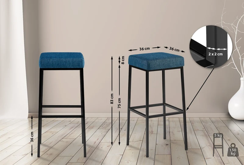 Lot de 2 tabourets de bar avec repose-pieds assises carrées hauteur 80 cm en tissu bleu et métal noir 10_0006072