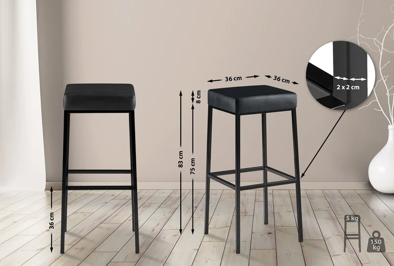 Tabouret de bar x1 avec repose-pieds assise carrée hauteur 83 cm en similicuir noir et métal noir 10_0005986