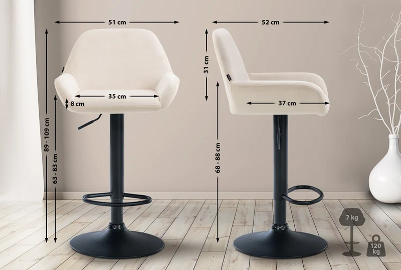 Lot de 2 tabourets de bar repose-pieds en forme d'arc en métal noir assise en velours crème 10_0006766