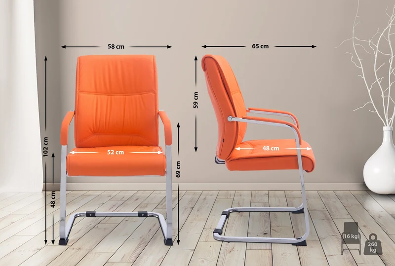 Fauteuil de bureau sans roulettes chaise visiteur sans roulettes jusqu'à 260kg en PVC orange 10_0006963