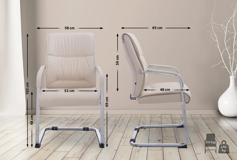 Fauteuil de bureau sans roulettes chaise visiteur sans roulettes jusqu'à 260kg en PVC crème 10_0006953