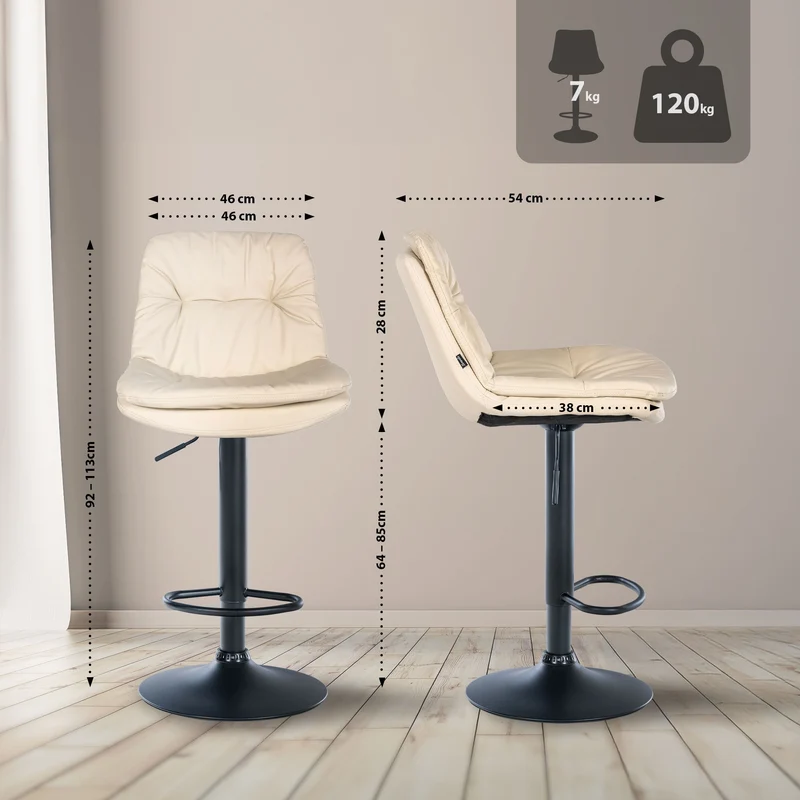 Tabouret chaise haute x1 pour cuisine et bar à assise moelleuse en similicuir crème clair cadre en métal noir 10_0006025