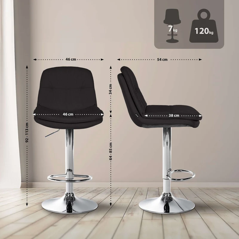 Tabouret chaise haute x1 pour cuisine et bar à assise moelleuse en tissu noir cadre en métal chromé 10_0005984