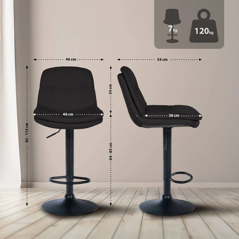 Tabouret chaise haute x1 pour cuisine et bar à assise moelleuse en tissu noir cadre en métal noir 10_0005983