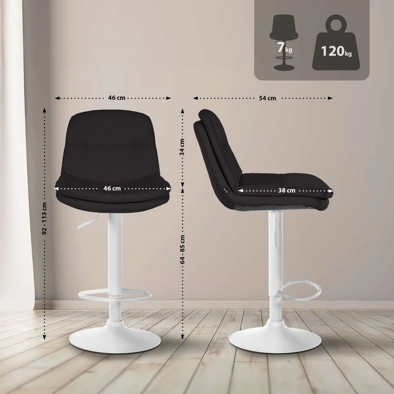 Tabouret chaise haute x1 pour cuisine et bar à assise moelleuse en tissu noir cadre en métal blanc 10_0005982