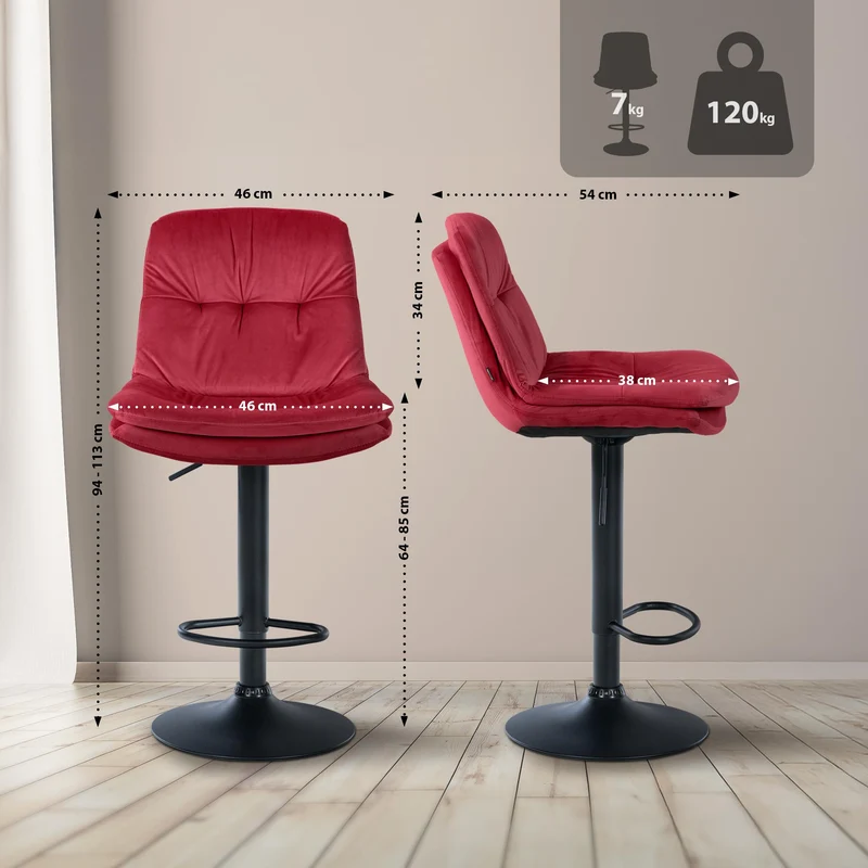 Tabouret chaise haute x1 pour cuisine et bar à assise moelleuse en velours rouge cadre en métal noir 10_0005920