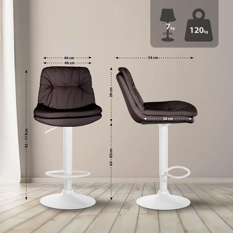 Tabouret chaise haute x1 pour cuisine et bar à assise moelleuse en similicuir marron foncé cadre en métal blanc 10_0005906