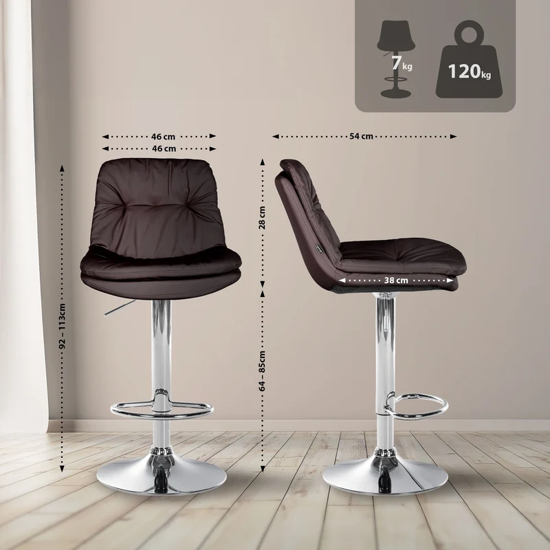 Tabouret chaise haute x1 pour cuisine et bar à assise moelleuse en similicuir marron foncé cadre en métal chromé 10_0005904