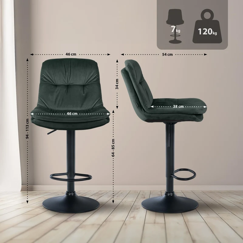 Tabouret chaise haute x1 pour cuisine et bar à assise moelleuse en velours vert cadre en métal noir 10_0005876