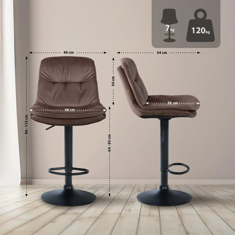 Tabouret chaise haute x1 pour cuisine et bar à assise moelleuse en velours marron cadre en métal noir 10_0005870