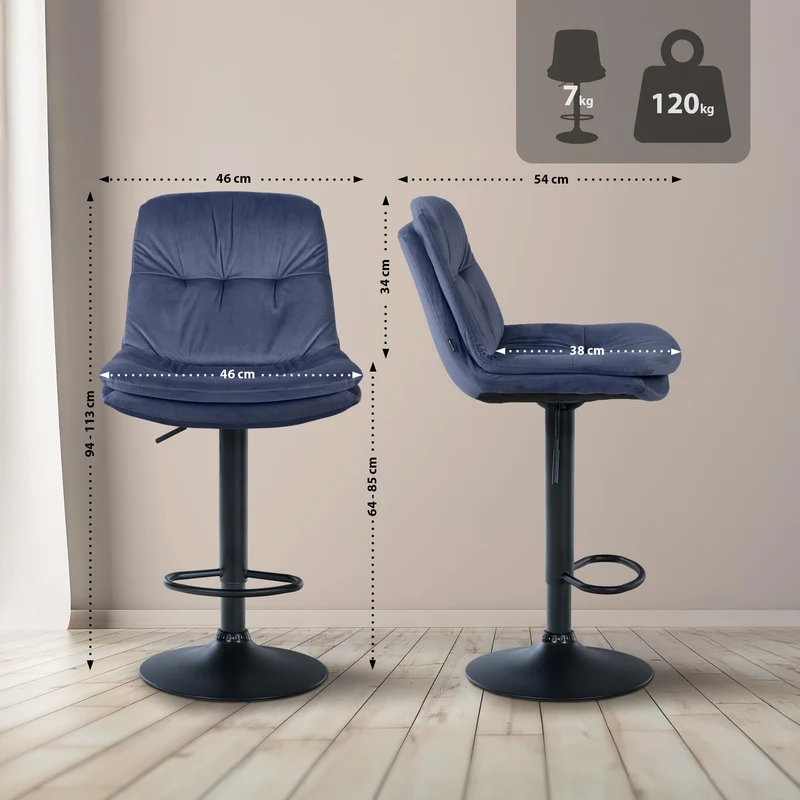 Tabouret chaise haute x1 pour cuisine et bar à assise moelleuse en velours bleu cadre en métal noir 10_0005865
